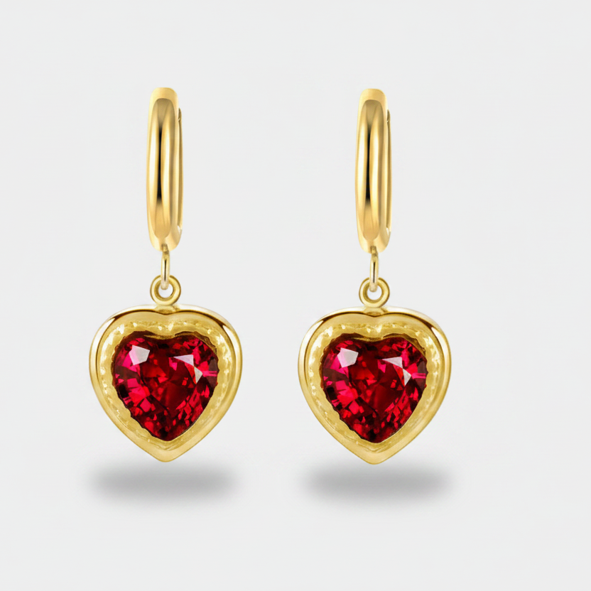 Helena – Ruby Heart-Shaped Earrings.