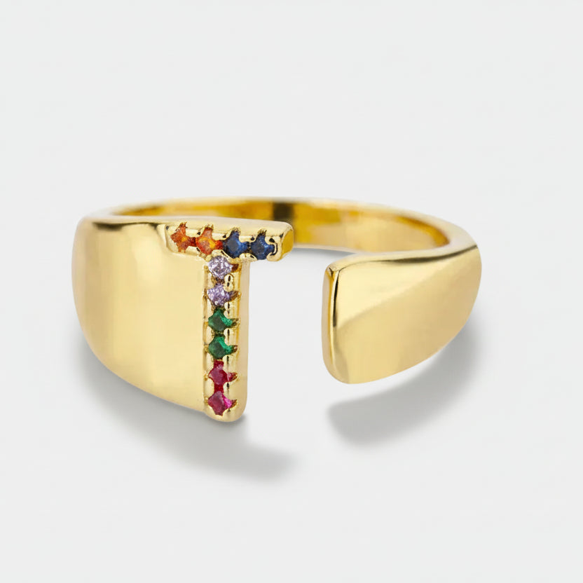 T - Gold Stainless Steel Initial Ring