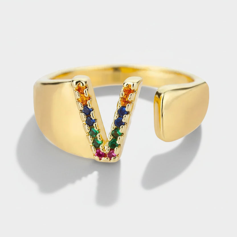 V - Gold Stainless Steel Initial Ring