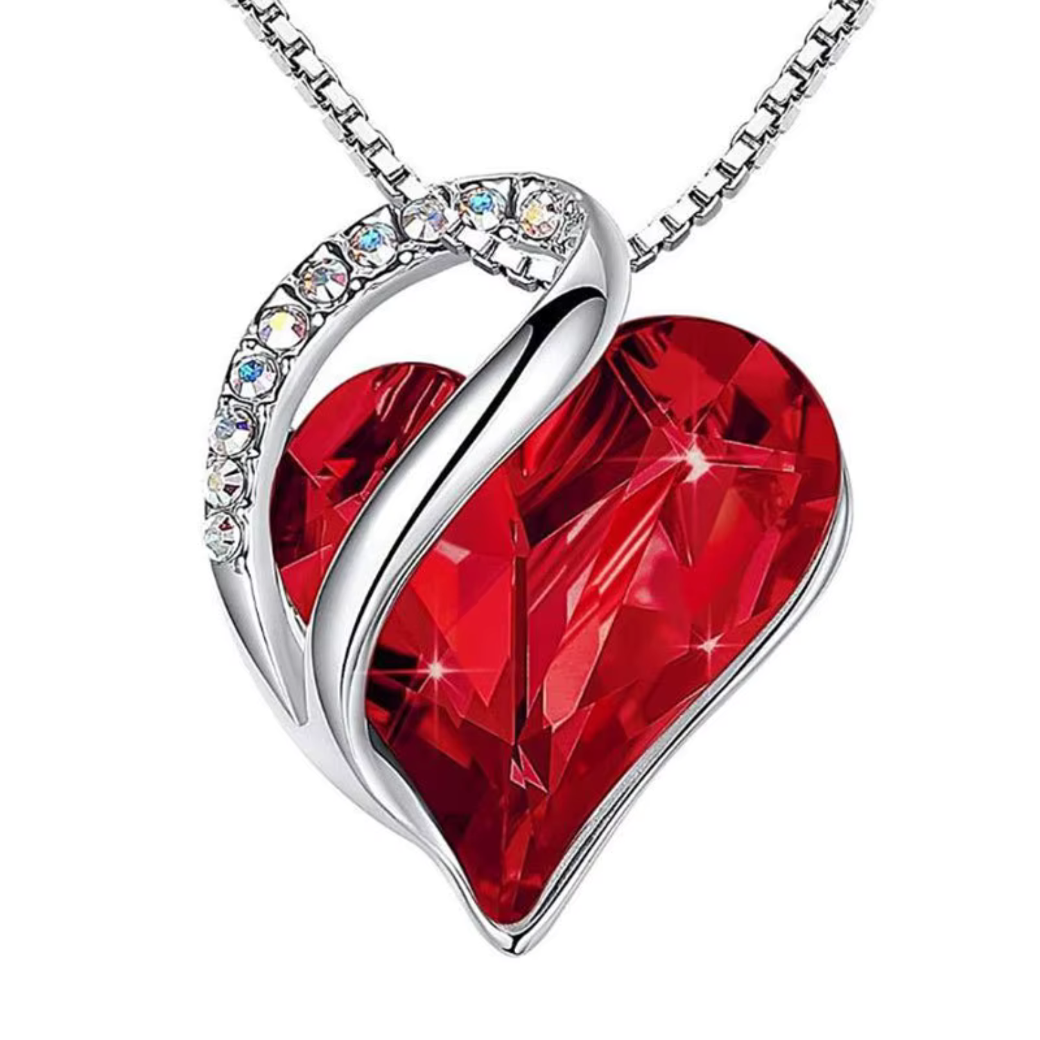 Hana-Marie – Heart-shaped pendant with rubies and silver reflections.