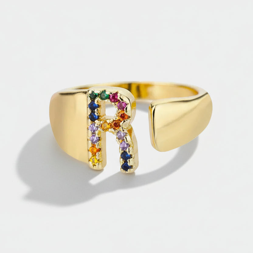 R - Gold-Tone Stainless Steel Initial Ring